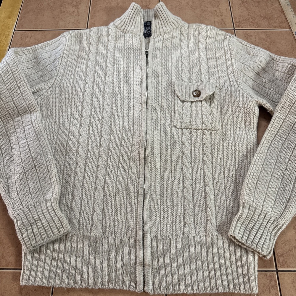 New York Sportswear Exchange Beige Shetland Wool Zip‎ Cardigan VTG Sweater Sz L